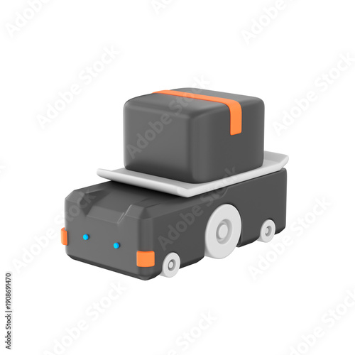 Illustration of an automated guided vehicle (AGV) carrying a box on top. The compact robotic vehicle has smooth edges, wheels, 3d render