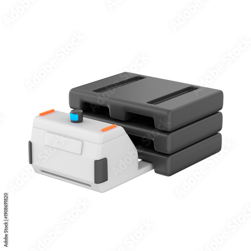 3D icon illustration of an autonomous pallet jack designed for smart warehouse operations. The compact robotic vehicle features smooth, rounded edges and built-in sensors for navigation, 3d render