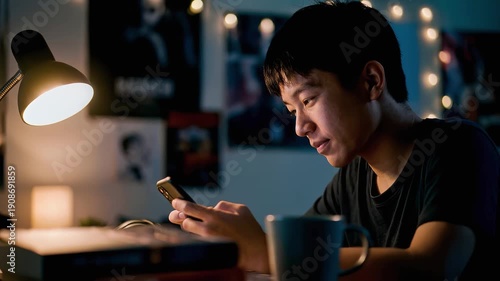 Smiling young Asian man using smartphone at night desk with warm lamp light and coffee for distance learning student lifestyle and mobile app connectivity concept