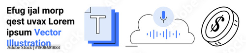 Digital services, voice technology, cloud computing, transcription, financial tech, data storage. A microphone in a cloud, a text document and a coin symbol. Voice technology and cloud computing