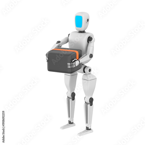 Humanoid robot holding a cardboard box, symbolizing automated logistics and smart warehouse work. The robot has smooth metallic surfaces and articulated joints, 3d render