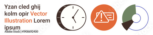 Time management, business analytics, risk assessment, workflow planning, data review, efficiency tracking. Clock, warning alert and segmented pie chart. Time management and business analytics