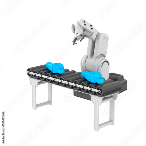 3D icon of an industrial conveyor belt with a robotic hand sorting mechanical parts. Components rest on the moving belt while the robot arm hovers above, ready to pick and place, 3d render