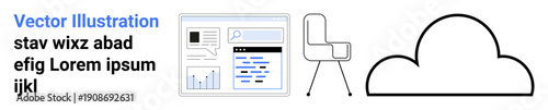 Technology usage, workspace design, remote work, data organization, cloud storage, innovation. A web interface, chair and cloud icon are seen. Technology usage and workspace design