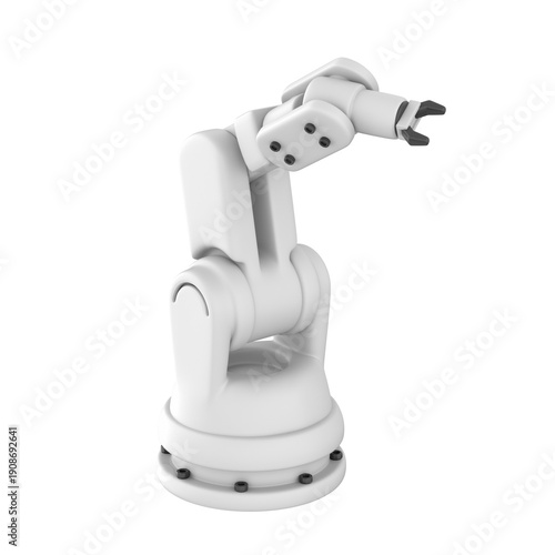 Illustration of a modern robotic arm used in industrial automation. The mechanical arm features multiple joints, a precise gripper, and smooth metallic surfaces, 3d render