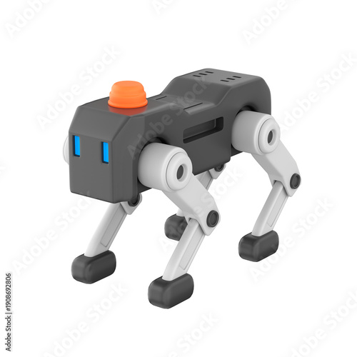 Illustration of a futuristic security robot dog standing alert. The robotic canine features sleek metal panels, jointed legs, sensors, and a small camera module for surveillance, 3d render
