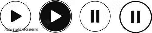 Vector illustration of circular play and pause media control icons in contrasting black-and-white minimalist design symbolizing audio and video playback