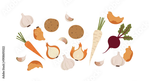 Root vegetables including onions, garlic, potatoes, carrots, parsnip, and beets are arranged on a clean white background.