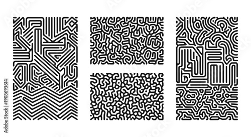 A collection of abstract vector patterns displayed on a clean surface from a straightforward viewpoint showcasing various design elements and graphic styles