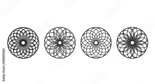 A vector illustration of four different floral designs in a row viewed from directly above on a clean white background