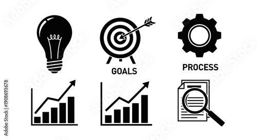 Vector icons representing business growth, goals, and analysis in a simple, monochrome vector style