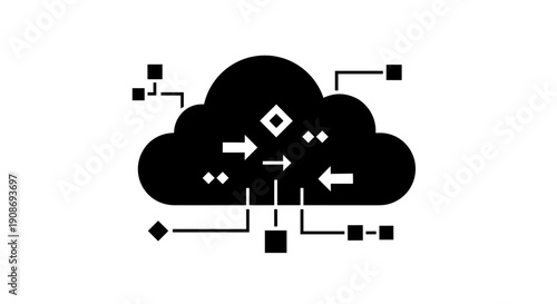 Cloud Vector Flow Diagram Data Processing and Network Connection Icons Representing Digital Technology and Connectivity