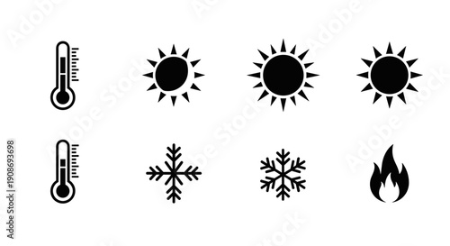Set of vector icons representing temperature thermometer, sun, snowflake, and fire symbols for weather and climate