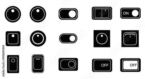 Diverse array of monochrome vector switches, push buttons, and rotary knobs, perfect for user interface elements and graphic design projects