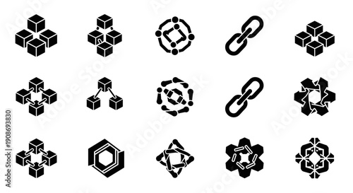 Modern vector icon set depicting interconnected blockchain networks, secure data structures, and distributed ledger concepts for advanced technology