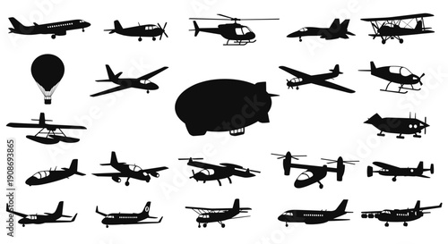 Dynamic vector collection of diverse aircraft silhouettes, encompassing passenger planes, helicopters, blimps, and balloons, perfect for aviation themes