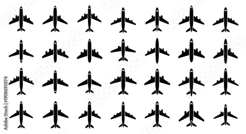 Sleek black aircraft vector icon pattern for aviation concepts and travel industry designs, perfectly aligned for modern graphic projects and flight-related visuals