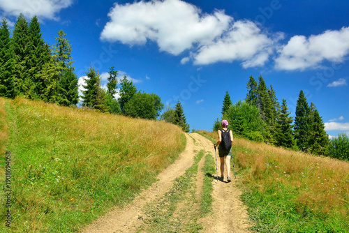 Woman traveler with a backpack goes along a mountain path.
Back view of a female tourist walking along a hiking trail in the mountains on a bright sunny day