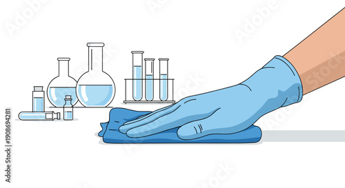 A gloved hand wipes down a surface with a blue cloth, while blurred laboratory glassware is visible in the background.
