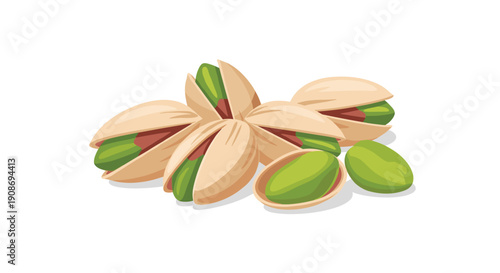 A small cluster of open pistachio nuts, revealing their green kernels, are loosely scattered with shelled pieces.