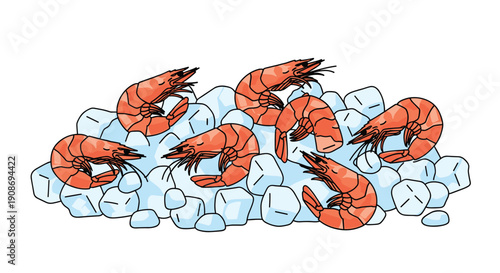 A collection of vibrant cooked red prawns are meticulously arranged atop a cluster of light blue ice cubes, presented brightly.