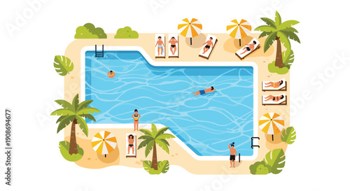 An aerial view of a bustling resort swimming pool shows guests swimming and lounging on chairs amidst palm trees.