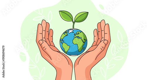 Hands gently cradling a vibrant green seedling growing from a miniature planet Earth, symbolizing environmental protection and sustainability
