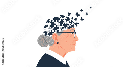 Profile of an elderly woman's head with gray hair and glasses, filled with jigsaw puzzle pieces transforming into butterflies.