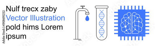 Science, technology, healthcare, AI, genetic research, sustainability. Visual elements include DNA in a test tube, a water faucet and a digital brain. Genetic research and AI integration concept