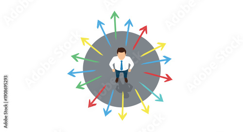 A businessman standing on a gray circular platform surrounded by many colorful arrows pointing outwards in different directions.