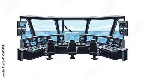 A modern ship's bridge displays numerous control panels, advanced screens, and three seats, offering a clear view of the open ocean.