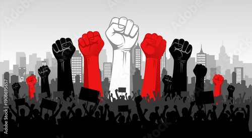 Revolutionary protest vector illustration with raised fists and cityscape background