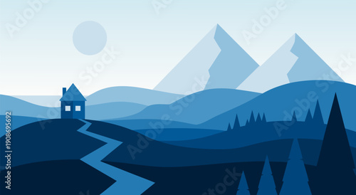 Serene Mountain Landscape with a Cozy House Vector Illustration