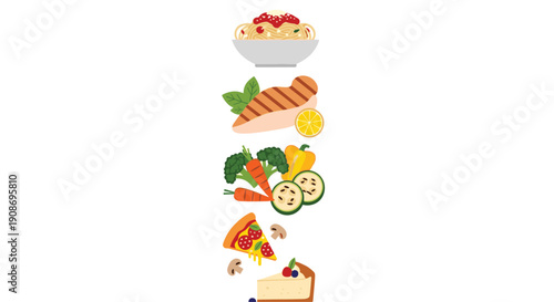 A vertical stack displays diverse dishes: spaghetti, grilled chicken, mixed vegetables, a slice of pizza, and cheesecake.