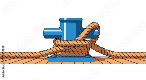 A sturdy blue bollard stands on a wooden dock with a thick brown rope securely wrapped around its base.