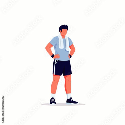 Flat illustration of a fit man in sportswear with a towel around his neck, standing with hands on hips, ready for or resting from a workout. Isolated on white.