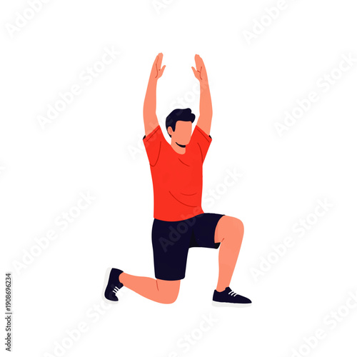 A man performing a lunge exercise with arms raised, demonstrating a fitness workout. Flat vector illustration of physical activity and a healthy lifestyle.