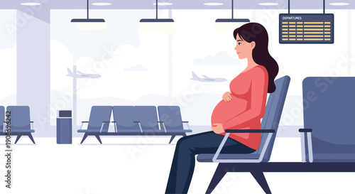 A pregnant woman sits on an airport bench in a departure lounge, a flight information board nearby.