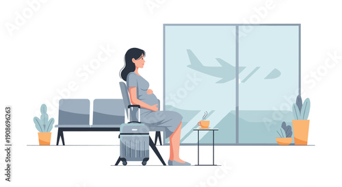 A pregnant woman sits with her suitcase at an airport terminal, looking out a large window.