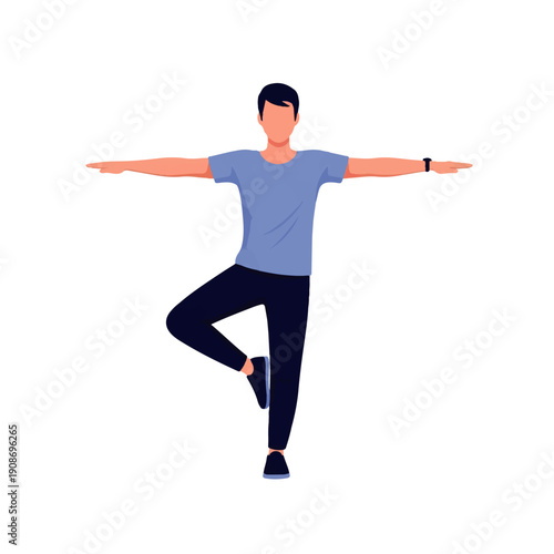 Flat illustration of a man performing a yoga tree pose, balancing on one leg with outstretched arms, promoting wellness, exercise, and mindfulness.