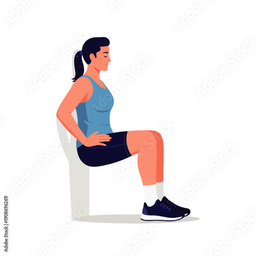 A woman performs a wall sit exercise, demonstrating strength training and fitness. Ideal for workout routines, leg day, and core strengthening. Flat vector illustration on white background.