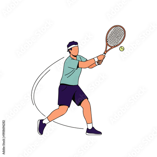 A flat illustration of a male tennis player in action, hitting a forehand shot with a racket and ball, isolated on a white background.