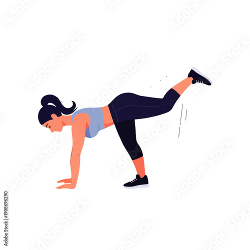 A fit woman in sportswear performs a donkey kick exercise, focusing on glute and leg strength. Ideal for fitness and workout concepts.
