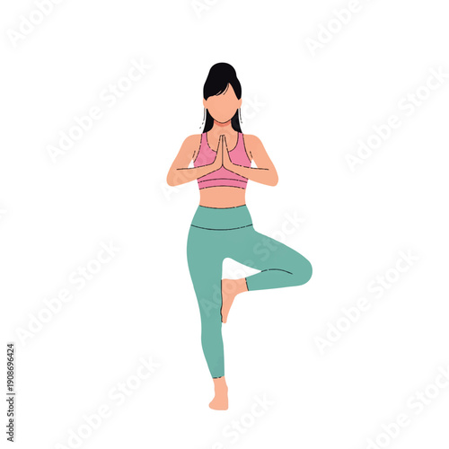Flat illustration of a woman practicing yoga in Tree Pose, promoting balance, mindfulness, and a healthy lifestyle.