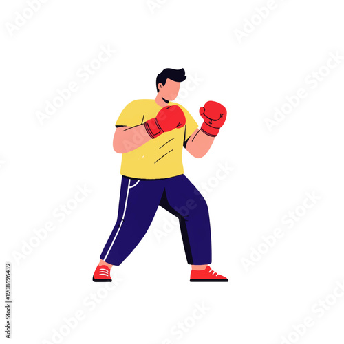 Flat illustration of a man in a boxing stance, wearing red gloves and athletic wear, ready for training or a fight. Represents sport, fitness, and determination.