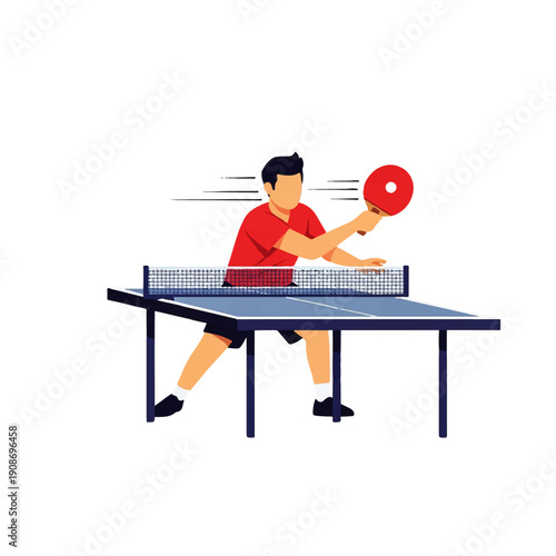 A man playing table tennis, actively hitting the ball with a paddle on a blue table with a net. Dynamic illustration of a popular indoor sport.