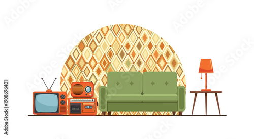 A retro-themed living room scene featuring a green sofa, vintage television, radio, cassette player, and a table lamp.