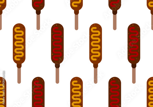 Corndogs seamless vector pattern. Popular Asian street food. Fast food pattern with corn dog. Corn dog with ketchup. Seamless pattern. Sausage in dough on a stick. American or Korean street food