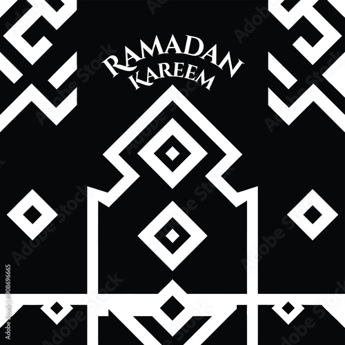 Ramadan kareem greeting banner with white geometric mosque pattern and diamond shapes on black background, islamic religious festival celebration design