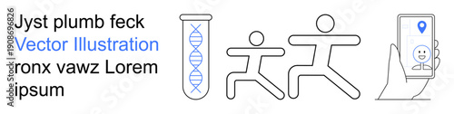 Genetic science, personal health, fitness tracking, geolocation technology, fitness analytics, mobile applications. Test tube with DNA, running figures mobile app with location pin. Genetic science